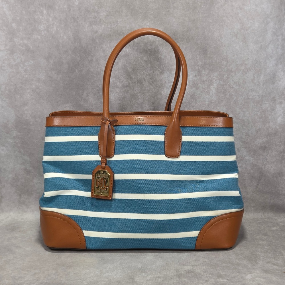 Lauren Ralph Lauren Blue White Striped Chambray Leather Fairfield City Tote Bag
